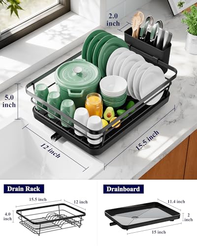 Kitsure Dish Drying Rack for Kitchen Counter, Stainless Steel Sink Organization and Storage Essentials with Cutlery Holder, Home and Appartment Decor, 12''W x 15.5''L, Black