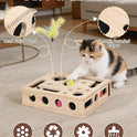 Cat Toys for Indoor Cats - Interactive Box Puzzle Toy Nail File Scratcher Hunting Play Toy with 3 Jingle Balls & 1 Feather Wand, Wooden Puzzle Treat Toy Box Energize Cat Instincts for Bored Cats