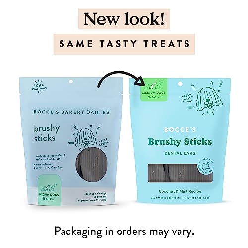 Bocce's Bakery Dailies Brushy Sticks to Support Oral Health & Fresh Breath, Wheat-Free Dental Bars for Dogs, Made with Real Ingredients, Baked in The USA, Natural Coconut & Mint, Medium Dogs