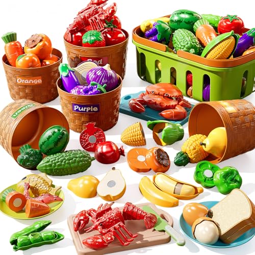 NIPLOOOW Play Food Set for Kids, Toddler Learning Toys, Cutting Food Toy Color Sorting Set, Pretend Food Play Kitchen Accessories for Kids, Birthday Gifts for 3-8 Years old Boys Girls Educational Toys