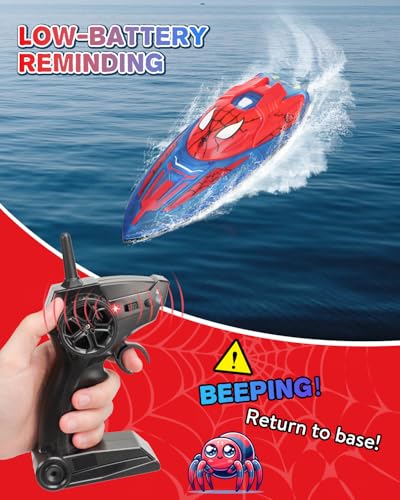 Spider Hero RC Boat, 2.4GHz Remote Control Boat with LED Lights for Kids, Pool Toy with 2 Rechargeable Batteries, Spray Function, and Low Battery Alarm for Boys & Girls