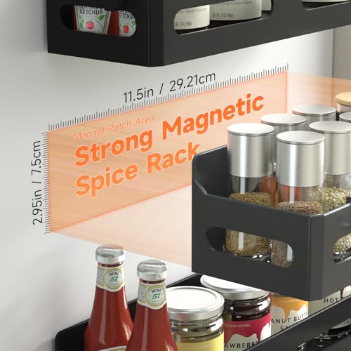 Sevenblue 4 Pack Strong Magnetic Spice Rack for Refrigerator, Multipurpose Magnetic Shelf for Fridge with 4 Hooks for Kitchen and Bathroom Organization, Black