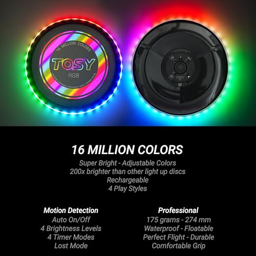 TOSY Flying Disc - 108 RGB Multicolor or 36 Monocolor LEDs, Super Bright, Smart Modes, Easter Basket Stuffers Gift, Camping Toy for Kid/Teen/Adult, Auto Light Up, Rechargeable, Waterproof, 175g