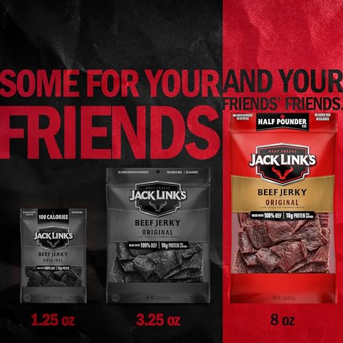 Jack Link's Beef Jerky Half Pounder - Original - Made with 100% Real Beef - Ready to Eat Real Meat Protein Snacks - 10g Protein per Serving - 8 oz Large Jerky Bag