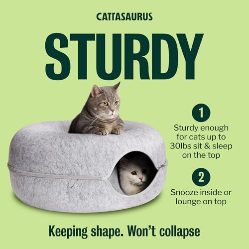 Cattasaurus Peekaboo Cat Cave Donut for Multiple & Large Cats up to 30-45 lbs, 3-in-1 Self Warming Cat Bed, Tunnel & Scratcher for Indoor Cats, Washable & Detachable Small Dog Bed (Light Gray, Large)