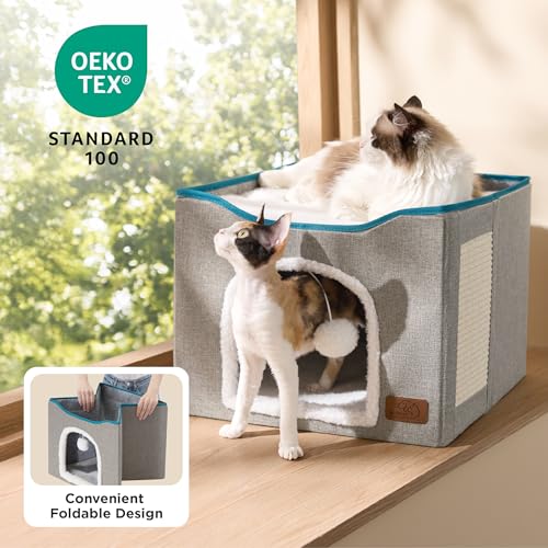 Bedsure Cat Beds for Indoor Cats - Large Cat Cave for Pet Cat House with Fluffy Ball Hanging and Scratch Pad, Foldable Cat Hideaway, 16.5x16.5x13 inches, Grey