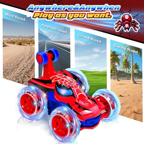 Kids Toys Spider RC Car for Boys 4-7 - Cool Spider Monster Remote Control Crawler Toy 360° Flip Fast Stunt & 4WD Light Up Wheel - Fun Boy Gift Idea for Birthday Chirstmas Stuff Age 3 4 5 6 7 8