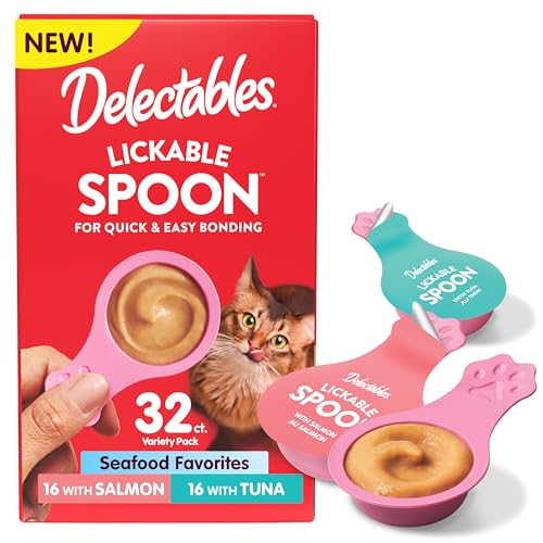 Delectables Lickable Spoon Handheld Wet Cat Treats Made with Real Salmon & Tuna, Creamy Puree, Mess Free, Quick & Easy, Grain-Free, No Added Fillers, No Added Preservatives, Variety Pack, 32ct