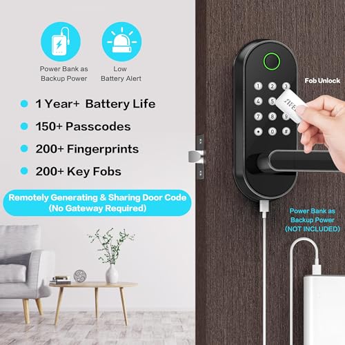 Fingerprint Smart Door Lock with Handle & Keypad – Bluetooth Keyless Entry for Front Door, Home, Kids, Guests, Airbnb & Rental, App + Code Access, Compatible with Alexa & Google, Easy DIY Install
