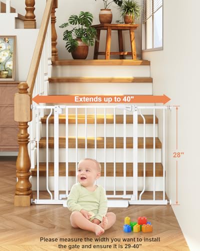 Baby Gate No Drilling, 29"-40" Dog Gate Indoor for Stairs & Doorways | Auto Close, Pressure Mounted Adjustable Pet Gate Indoor, Easy Walk Through Child Gate for Baby & Pet Stroller Friendly, White