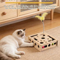 Cat Toys for Indoor Cats - Interactive Box Puzzle Toy Nail File Scratcher Hunting Play Toy with 3 Jingle Balls & 1 Feather Wand, Wooden Puzzle Treat Toy Box Energize Cat Instincts for Bored Cats