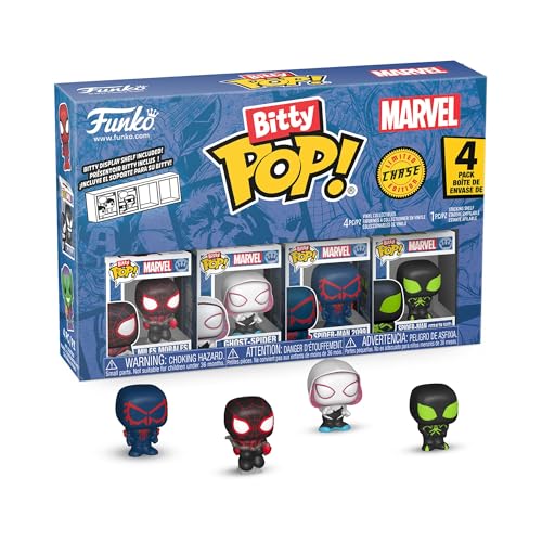 Funko Pop! Bitty: Spider-Man - Miles Morales, Ghost Spider, Spider-Man 2099, and Mystery Chase Figure - 0.9 Inch (2.2 Cm) - Marvel Comics Collectable - Stackable Display Shelf Included - Gift Idea