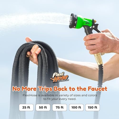 Flexi Hose Expandable Garden Hose with 8 Function Nozzle, 50FT - Lightweight Retractable Garden Hose, Water Hose - No-Kink Flexibility, 3/4 Inch Solid Brass Fittings and Double Latex Core