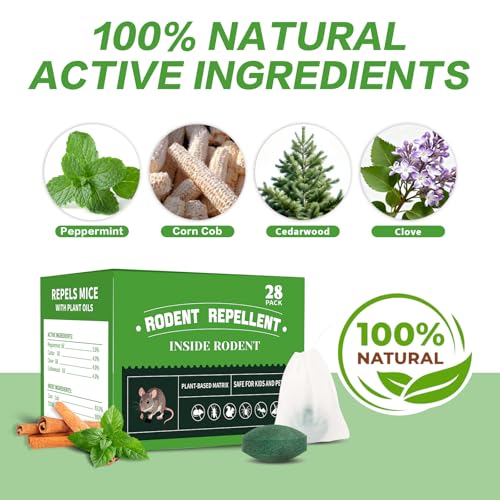 28 Pack Mouse Repellent Tablets, Powerful Peppermint Oil Mice Repellent | Suitable for Indoor & Outdoor Use, Cars, Home, Kitchen, Garage, Suitable for Family and Pets