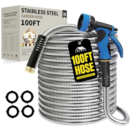 Lefree 100ft Metal Garden Hose - Heavy Duty 304 Stainless Steel Flexible Water Hose, No Kinks & Leak-Proof with Upgraded Handle, 10-Function Spray Nozzle & 4 Spare Gaskets for Yard, RV, Pet Bath