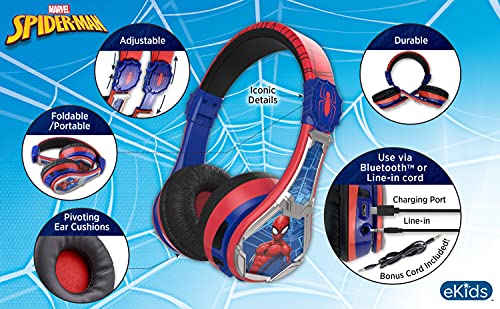 eKids Spiderman Wireless Bluetooth Portable Headphones with Microphone, Volume Reduced to Protect Hearing Rechargeable Battery, Adjustable Kids Headband for School Home or Travel