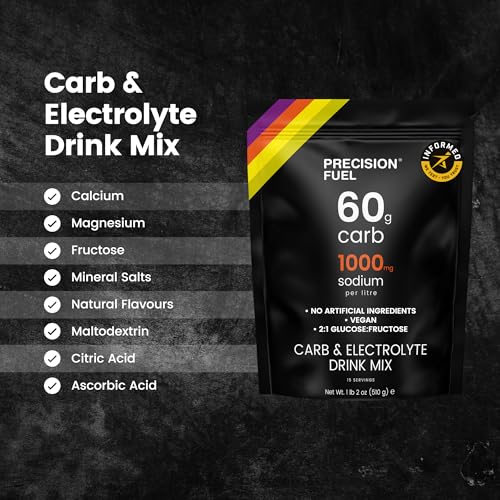Precision Fuel PF60 Carb & Electrolyte Drink Mix Powder for Hydration & Energy - Endurance Sports Nutrition, Vegan, Hypotonic - 60g Carb, 1000mg Sodium per Litre - Mild Citrus Flavor, 1-Pack