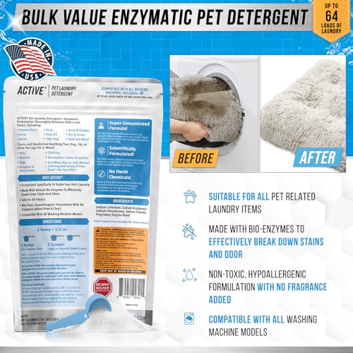 Pet Laundry Detergent Odor Remover - ACTIVE Enzyme Based Powder Detergent for Dogs Beds, Cat Pee, HE Washer Friendly Natural Enzymatic Deodorizer, Urine, Smell, Dog Drool, Stain Eliminator - 64 Loads
