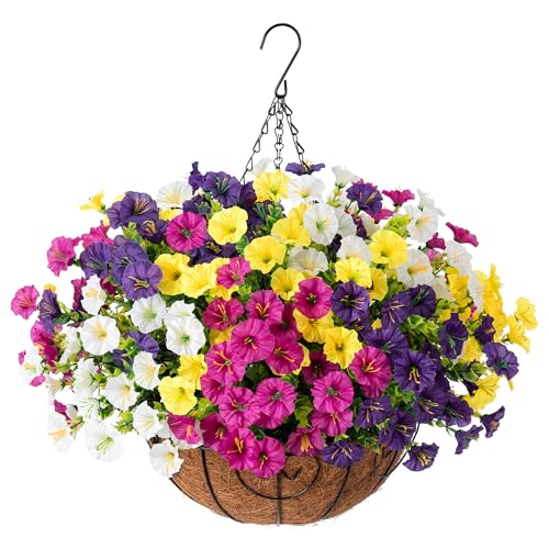 Artificial Faux Hanging Plants Flowers Basket for Spring Summer Outdoors Decoration, Fake Silk Colorful Morning Glory with Eucalyptus Look Real UV Resistant for Outside Porch Patio Balcony Garden Home