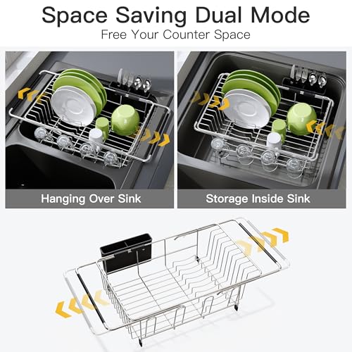 JASIWAY Dish Drying Rack in Sink, Expandable Stainless Steel Dish Drainers for Kitchen Counter, Dish Dryer Rack for Inside Sink, Over The Sink Dish Racks with Utensil Holder, Silver