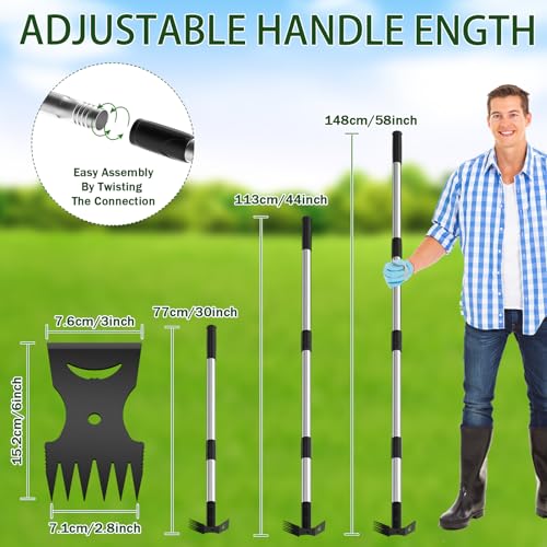 Weed Puller Tool with Long Handle 2-in-1 Garden Hoe and Weed Rake | Adjustable Length Weeding Tool, Heavy Duty Weed Remover, Hoe Garden Tools for Weeding, Home Gardens, Lawns, Patio, Yards