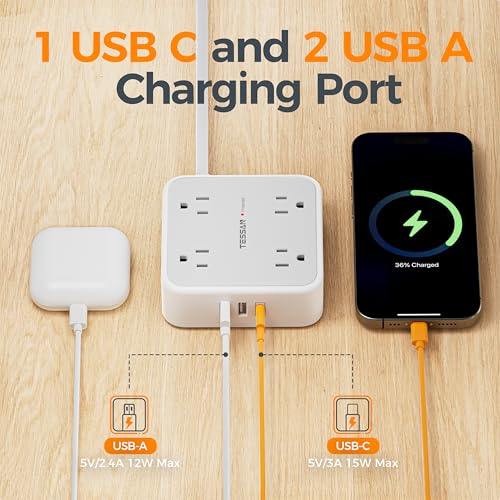 TESSAN Surge Protector Power Strip with 900J Surge Protection, 5 Ft, Grey | 8 AC with 3 USB Ports (1 USB C), Flat Plug Extension Cord, 3 Sided Outlet Extender with Power Switch for Office, Dorm