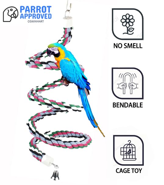 94.4inch Length Colorful Cotton Bendable Rope Perch Swing Bird Chew Toys  Parrots Cage Toys with Bell Swing Climbing Standing Bungee Bird Toys for Regular to Big Size Birds