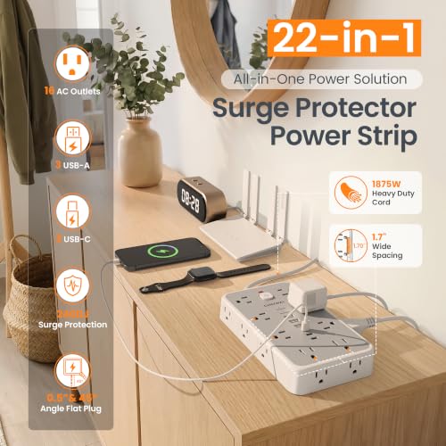 6 FT Surge Protector Power Strip with 6 USB, 16 Outlets, 2400J | 3 USB-A & 3 USB-C Ports, 1.7" Wide-Spaced Outlets, 1875W/15A, Flat Plug, 4-Sided Design for Home, Office, Dorm & Gaming