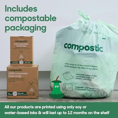 Compostic Compostable Trash Bags, 13 Gallon Tall Kitchen (100 Count) Bulk Pack — Extra Strong, Home Compostable, Plant-Based, Non-Toxic, Unscented Garbage Bags
