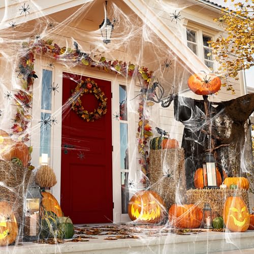 1200 sqft Halloween Spider Webs and 50pcs Fake Spiders Super Stretch Cobwebs Party Decorate for Halloween Theme Indoor and Outdoor Decoration