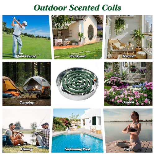 Natural Essential Oil Scented Coils for Outdoor Patio & Backyard, Fresh Long-Lasting Aroma, Each Coil Burns 5–7 Hours, Includes 80 Coils, 4 Holders & 8 Stands