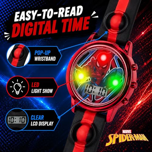 Accutime Marvel Spiderman Kids Digital LCD Wrist-Watch with Red, Green, and Yellow LED Light Show and Popper Strap for Boys, Girls, and Toddlers - Perfect for Learning Time and Fun