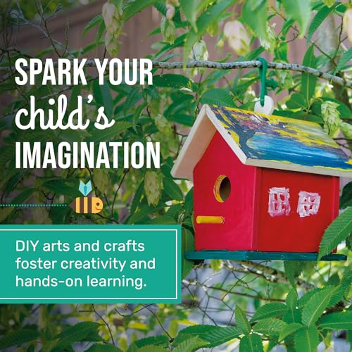 Beetle & Bee Build A Bird Bungalow - DIY Kid Art Craft Outdoor Birdhouse Kit, House Painting Kit for Kids, Hardware Glue Included- 4 Paints, 1 Brush, 7 Wooden Pcs, Chain For Tree Hanging Age 5+