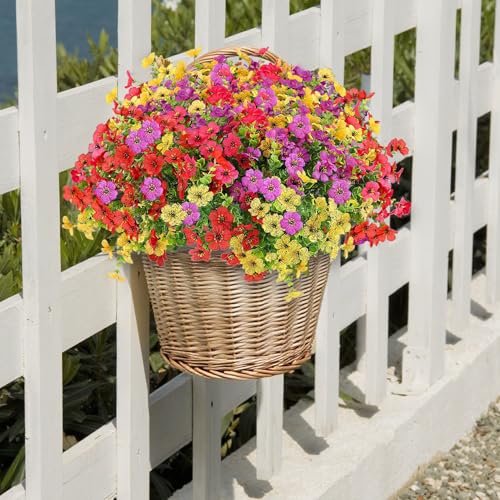 Artificial Flowers for Indoor & Outdoor Decoration - 12 Bundles Faux Daisies with Eucalyptus Leaves Fake Greenery for Garden, Home, Porch, Patio, Boxwood (12 Pcs Mix Pink Red Purple Yellow)