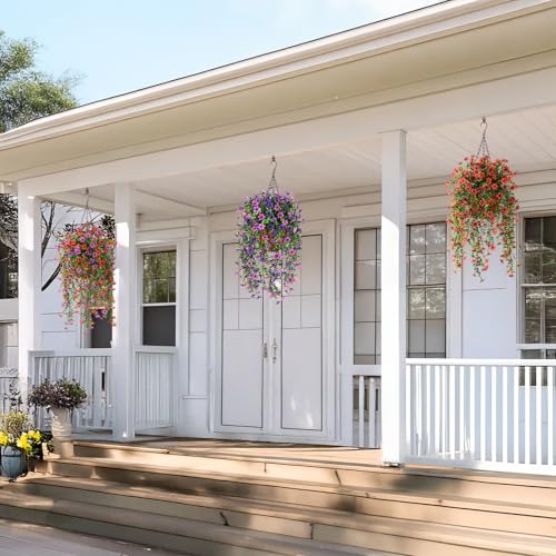 INQCMY Artificial Fake Hanging Flowers Plants for Outdoor Summer Decoration | 2 PCS Faux Silk Daisy with Eucalyptus Leaves,UV Resistant Look Real for Outside Home Planter Porch Patio Balcony Yard Decor