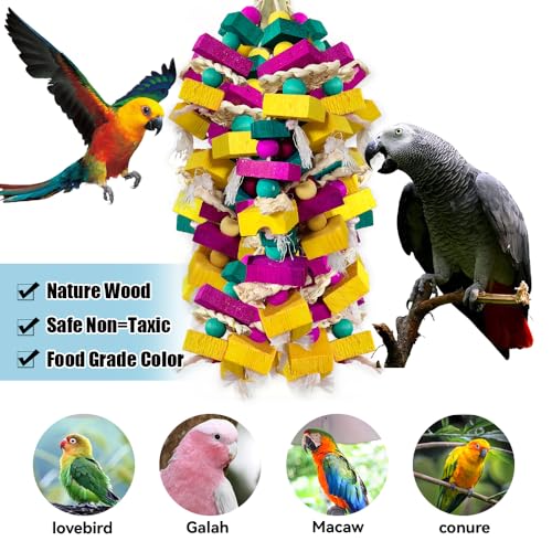 Large Bird Toys, Multi-Color Wooden Block with Bamboo Support Bird Chewing Toy Parrot Cage Bite Toy for Macaws Cokatoos African Grey and Large Medium Parrot Birds