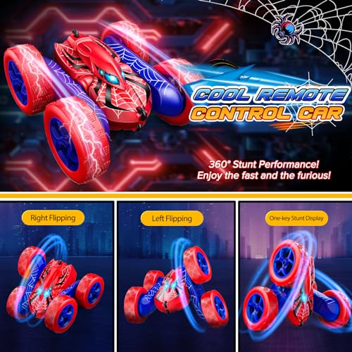SYOKZEY Spider RC Cars Remote Control Car, Double Sided 360°Flip 4WD Rechargeable RC Drift Car,Toys for 3-12 Year Old Boys,Toys for Ages 5-7 Toys for Ages 8-13 Christmas Basket Stuffers (Red)