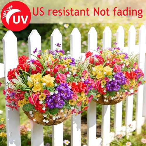 16 Bundles UV Resistant Silk Artificial Outdoor Flowers for Window Box | Mixed Color Realistic Anti-Fade Faux Flowers for Outside Planters,Garden,Porch,Patio,Yard,Home Decor(Purple&Hot Pink)