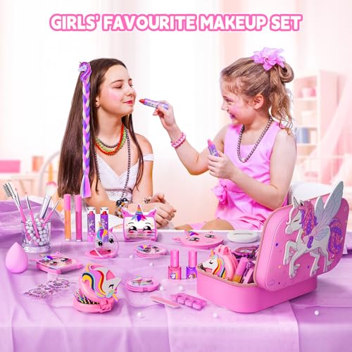 Beayuck Kids Makeup Kit for Girls - Girls Makeup Kit Toys, Real Washable Cosmetic Set with Storage Case, Kids Play Makeup Set for Christmas Birthday Gift 3 4 5 6 8 10 11 12+ Years Old, Pink