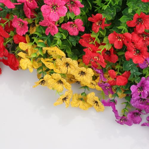 Artificial Flowers for Indoor & Outdoor Decoration - 12 Bundles Faux Daisies with Eucalyptus Leaves Fake Greenery for Garden, Home, Porch, Patio, Boxwood (12 Pcs Mix Pink Red Purple Yellow)