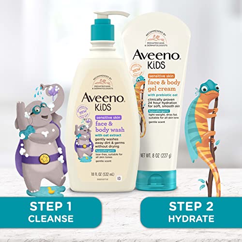 Aveeno Kids Face & Body Wash for Sensitive Skin, Oat Extract, Tear-Free, Non-Drying, Light Scent, Pump Dispenser, Hypoallergenic, Sulfate & Dye Free, 18 fl oz