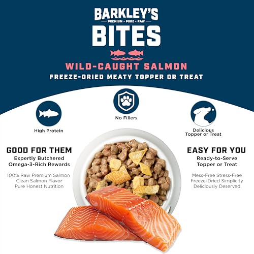 Barkley’s Bag Salmon Bites, Freeze Dried Dog Treats and Food Topper, Made with Wild-Caught Salmon, Bite-Sized Whole Pieces for Training Rewards, for All Dog Breeds, Ages & Sizes, 4 Oz Bag (1 Pack)