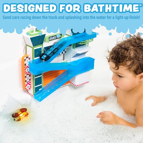 Tub Works® Splash Wheels™ Bathtime Raceway Car Ramp Toddler Bath Toy | Race Car Track with 2 Water-Activated Light-Up Racers | Light Up Bath Toys Flash & Change Colors | Engaging Bathtub Toys for Kids