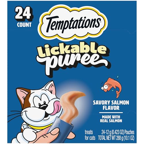 Temptations Creamy Puree Squeezable Lickable Cat Treats, Wet Cat Treats with Salmon, 0.42 oz. Tubes, 24 Count - Packaging May Vary