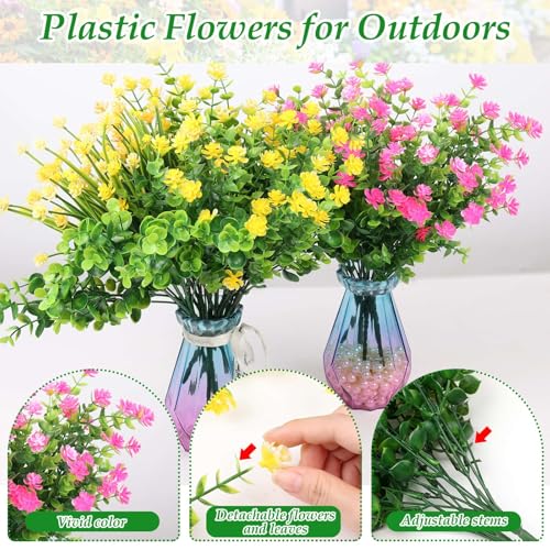20 Bundles Artificial Spring Summer Flowers Bulk for Outdoors, UV Resistant | Silk Fake Wildflowers and Plastic Faux Lavender Plants for Outside Garden Patio Porch Window Box Hanging Basket Decor