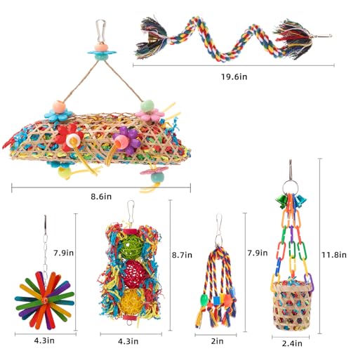 RLRICH 6 Pack Bird Colorful Chewing Toys Parrot Foraging Shredder Toys Shred Hanging Foraging Toys,Comfy Perch Parakeet Toys for Rope Bungee Bird Toy