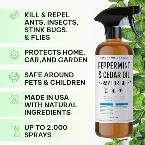 Kate's Home & Garden Peppermint Oil Spray for Bugs, Ants, Spiders (16oz) | Natural, Non Toxic, Pesticide and Insecticide Indoor Repellent Pest Control with Cedar Oil for Insects, Roaches, Stink Bug