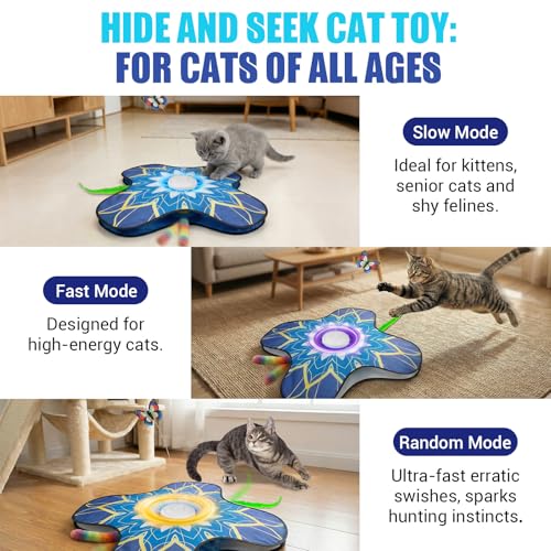 Interactive Cat Toy for Indoor Cats, Touch Activated Automatic Electronic Cat Toy with Sound On/Off, Dual Wands, Non-Slip Suction Cups, Rechargeable Hide and Seek Cat Play Mat for Bored Adult Kittens