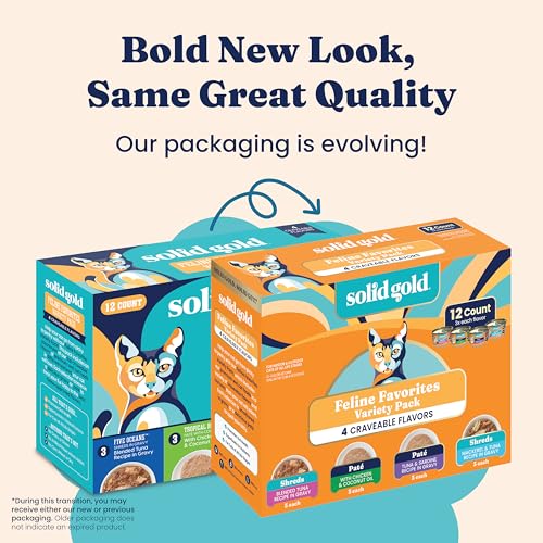 Solid Gold Wet Cat Food Variety Pack - Pate & Shreds in Gravy - Healthy Canned Cat Food Pate w/Real Chicken, Tuna, Mackerel & Sardine - Grain Free & Gluten Free Can Meals for Cats & Kittens - 12ct/3oz