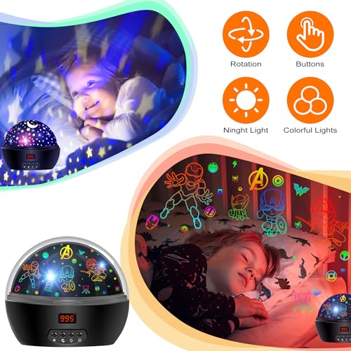 MOKOQI Kid Light Projector Superhero Toys for Boys 5-7 Avengers Night Light Projector with Timer for Kids Room, 360 Degree Rotation Toddler Nightlights with Spiderman Figurine Star Lamps